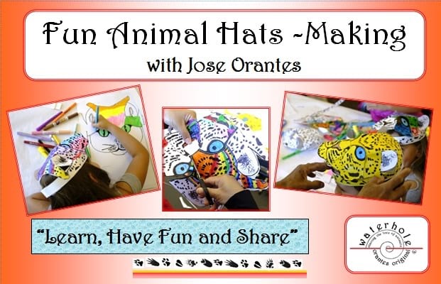 Kids coloring-in, cutting, and folding paper to make animal hats